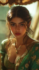 Sunlit portrait of woman in ornate green silk attire.