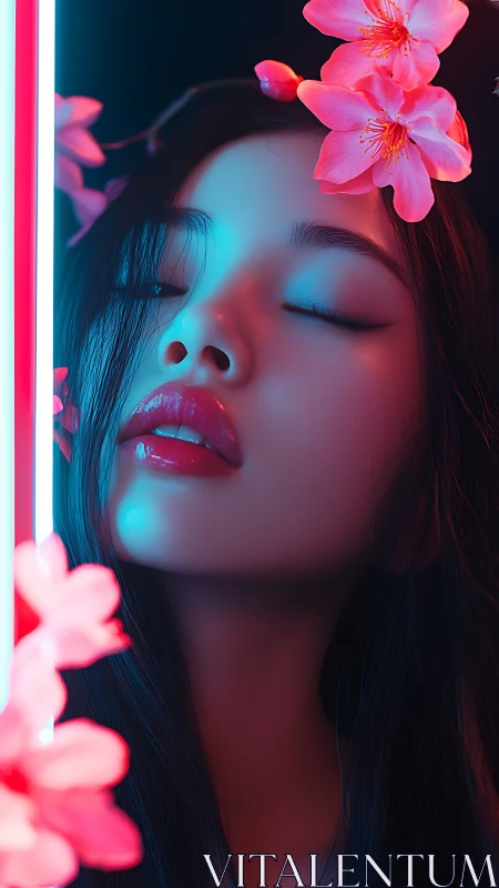 Chromatic portrait under teal magenta neon with floral framing.