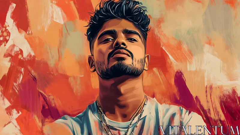 Stylized male portrait employs bold warm painterly abstractions