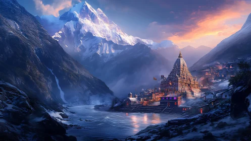 Mountain river shrine glowing under a dreamy winter sunrise.