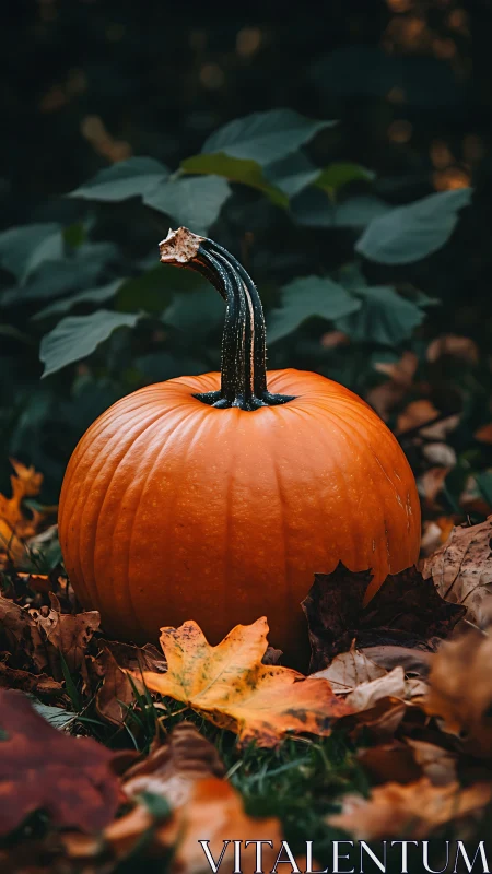 Autumn pumpkin on leaf-littered forest floor in soft bokeh.
