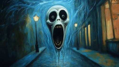 Floating skull-like form dominates a nocturnal empty street