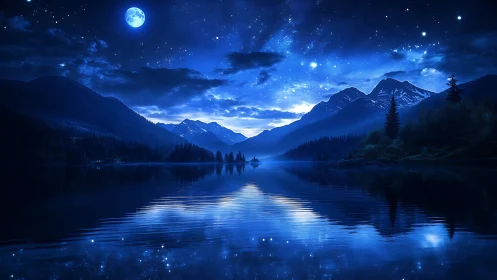 Moonlit alpine lake reflects mountains and star-filled sky