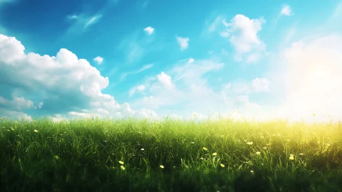 Sunlit green meadow under bright blue sky with clouds.