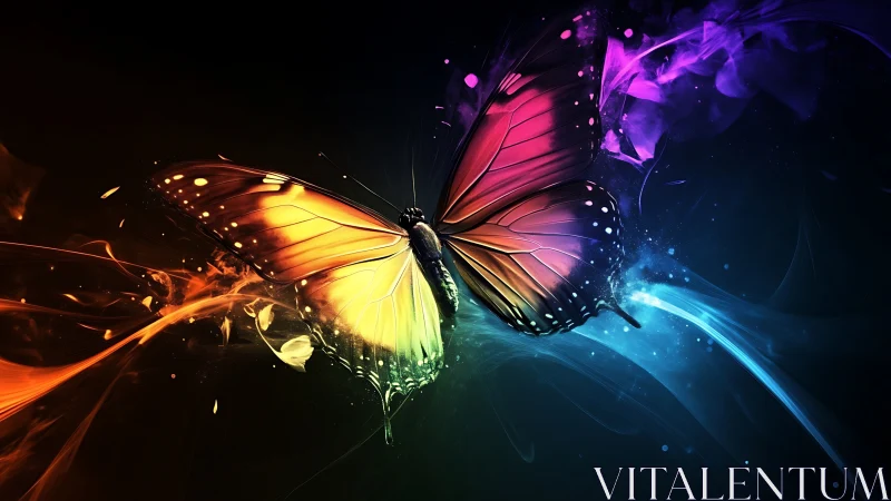 Spectrum-lit butterfly with neon motion trails and particle bloom