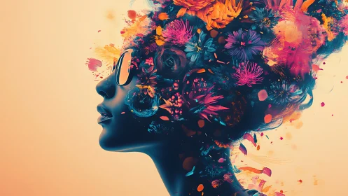 Profile silhouette with abstract floral explosion and color.