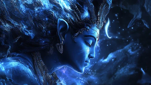 Mythic blue deity profile amid luminous cosmic nebula