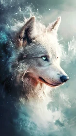White wolf portrait in swirling blue mist and light.