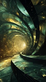 Curved metallic corridor with luminous tunnel endpoint.