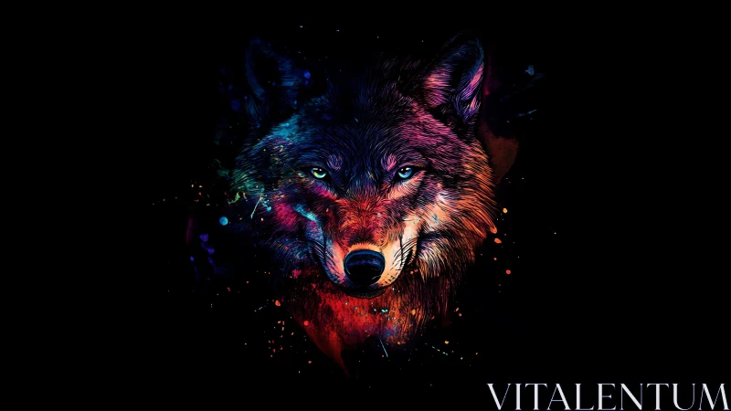 Nebula-eyed wolf bursting from electric midnight paintstorm.