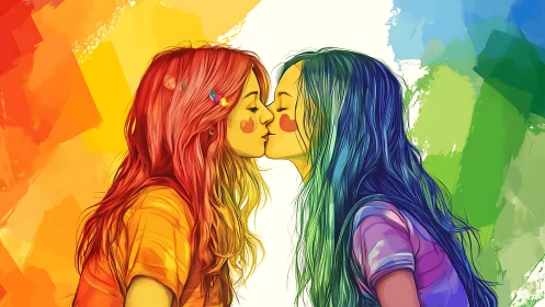 Two women kissing beneath vibrant rainbow spectrum backdrop.