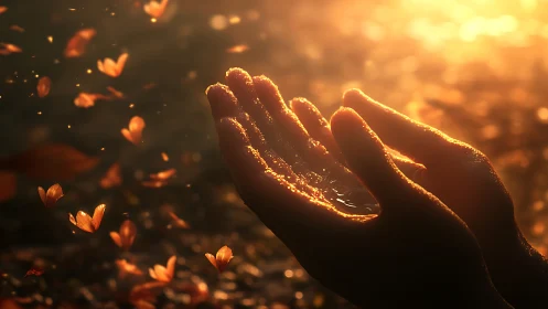 Backlit cupped hands catching glowing petals at golden hour.