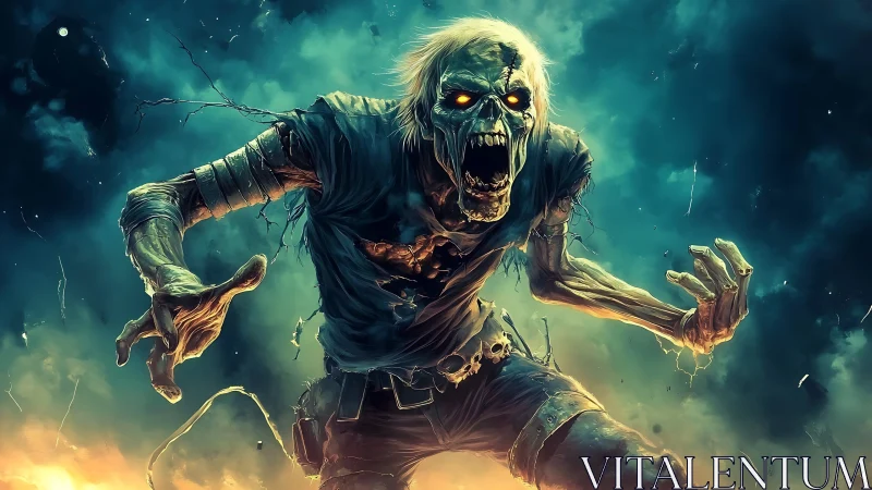 Digital painting of undead horror amid infernal storm glow.