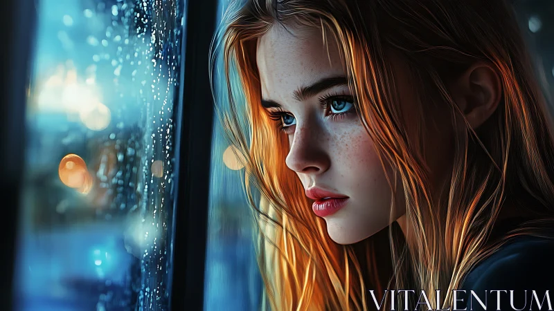 Pensive girl watches rainy city lights through window pane