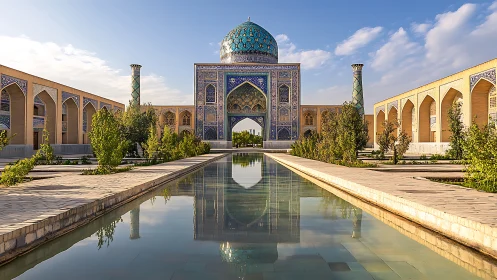 Islamic mosque courtyard with reflecting pool and tilework