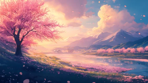 Cherry blossom tree overlooks river and distant snowy mountains