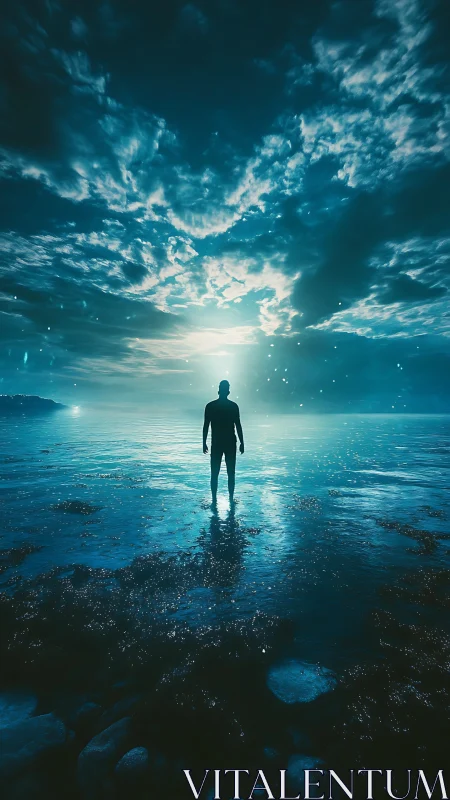 Solitary dreamer wading toward a glowing horizon of light.