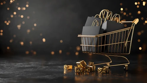 Gold wireframe cart, black gift bags, probabilistic luxury scene.