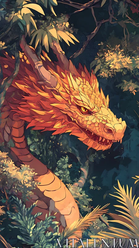 Golden forest dragon coils quietly through lush foliage.