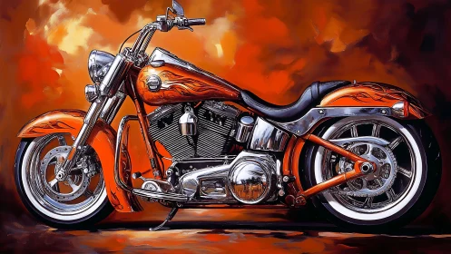 Custom orange cruiser motorcycle on abstract backdrop.
