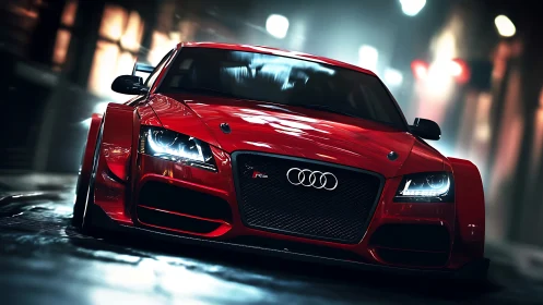 Red Audi sports coupe rendered on wet urban night street