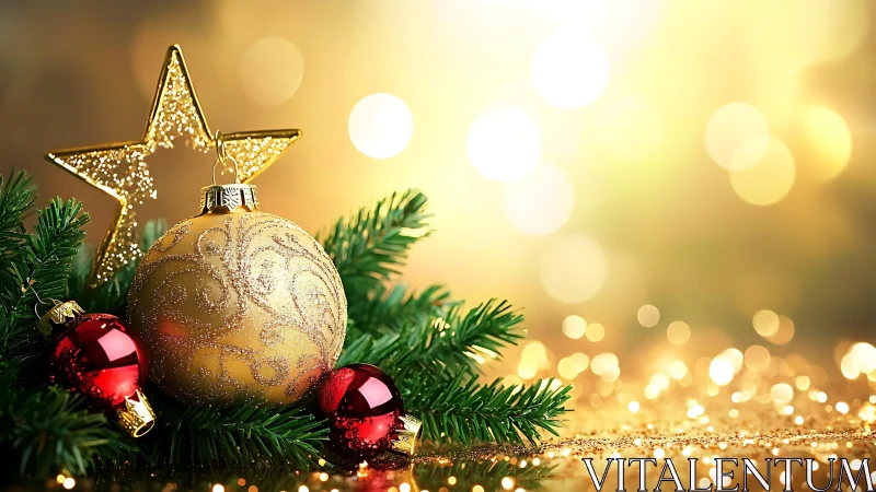 Christmas ornaments rest on fir branches against defocused lights