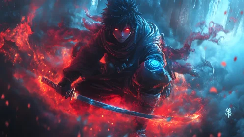 Dark cyber shinobi crouches in red-blue elemental fire storm