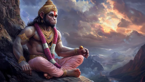 Divine simian deity in meditative mountain landscape at dusk
