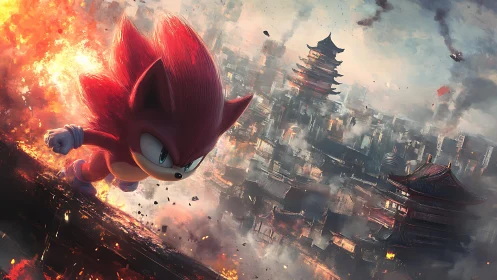 Red hedgehog sprints past burning city skyline in chaos.