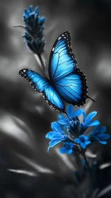 Blue butterfly rests on glowing flowers in soft monochrome field