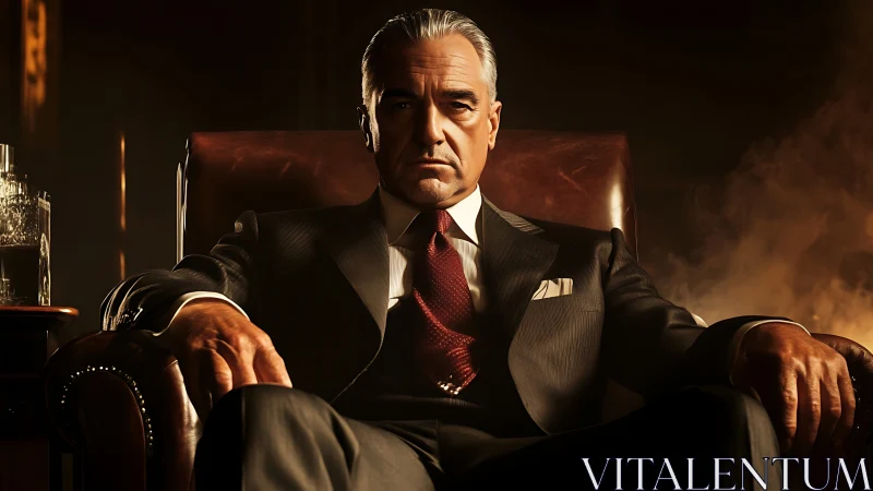 Commanding gentleman rests in a leather chair with quiet power