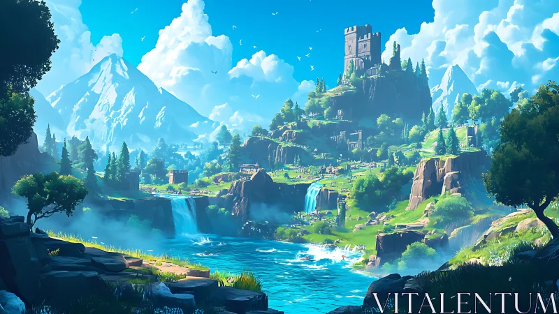 Layered fantasy valley with waterfalls, fortress tower and alpine peaks