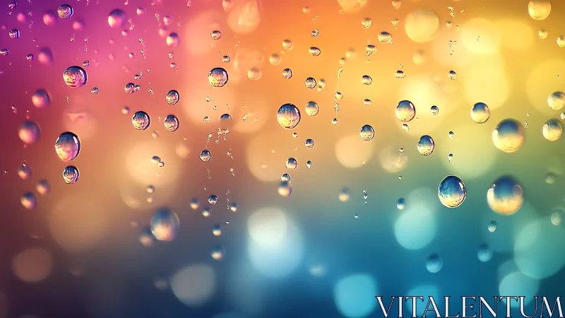 Prismatic raindrops drifting across a dreamy bokeh sky.