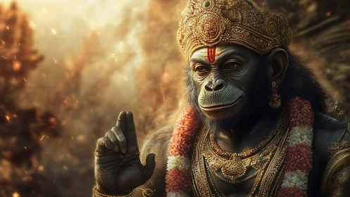 Simian deity figure wearing ornate crown and garlands.