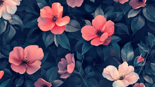 Coral Pink Flowers Against Deep Teal Foliage.