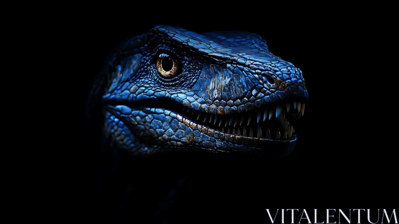 Digital rendering of blue-scaled predatory dinosaur head.