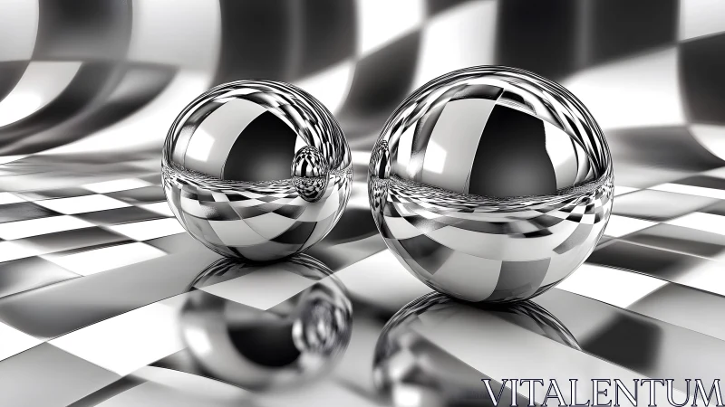 Reflective chrome spheres on monochrome checkered surface.