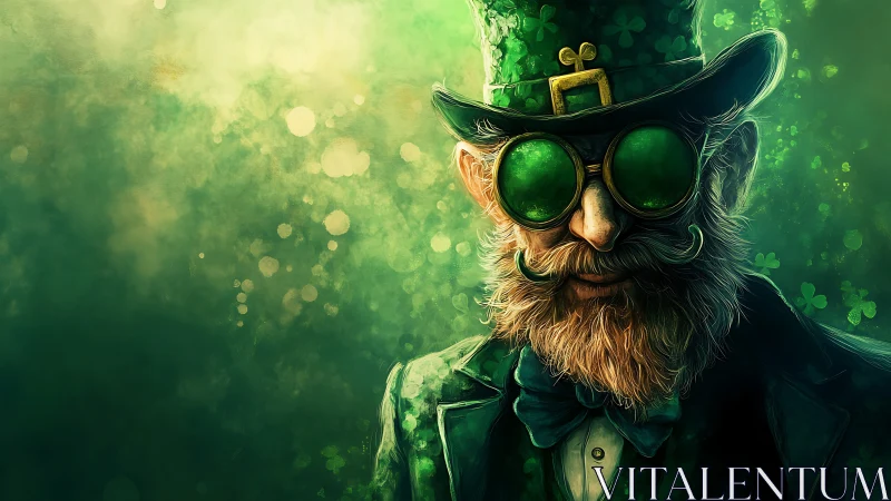 Green suited bearded figure in hat and goggles faces viewer