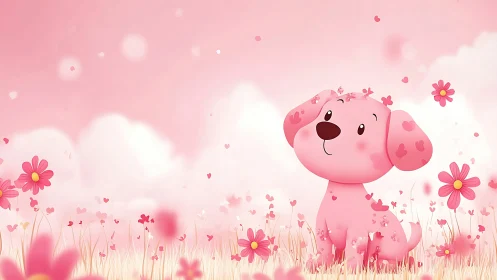 Playful pink puppy daydreams among soft blossom clouds