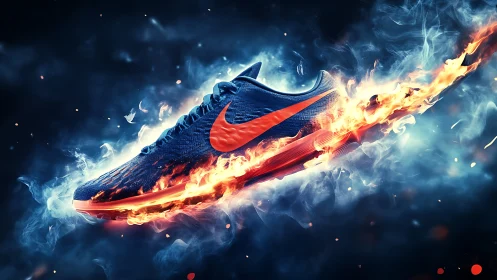 Fiery blue running shoe blazing through swirling night air.