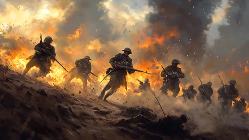 Infantry charge advances through incendiary battlefield chaos