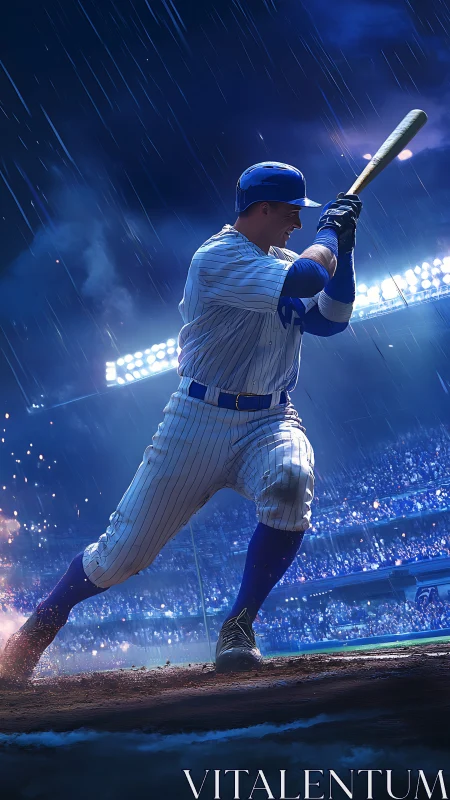 Baseball batter prepares swing under stadium lights in rain