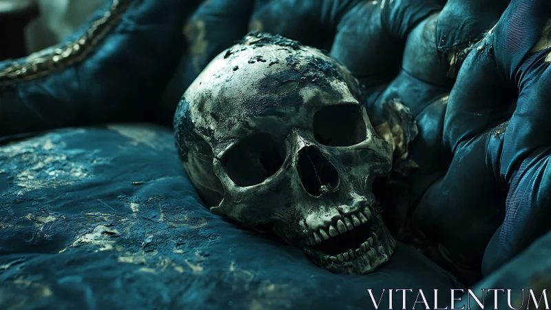 Weathered human skull on decayed teal velvet sofa cushion.
