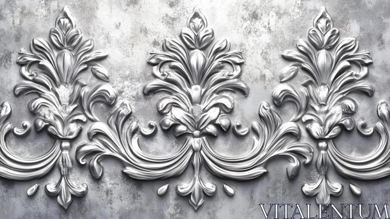Ornate Silver Baroque Floral Pattern on Textured Wall Surface.