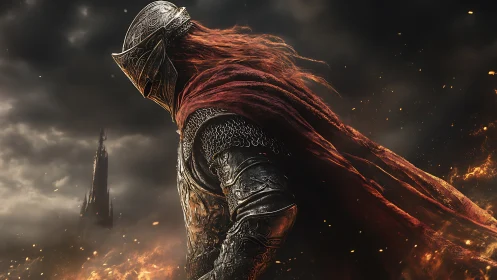 Armored warrior stands amid firelit storm with distant tower