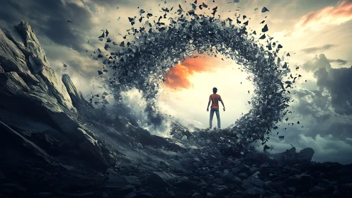 Human figure before circular portal of rock fragments outdoors.