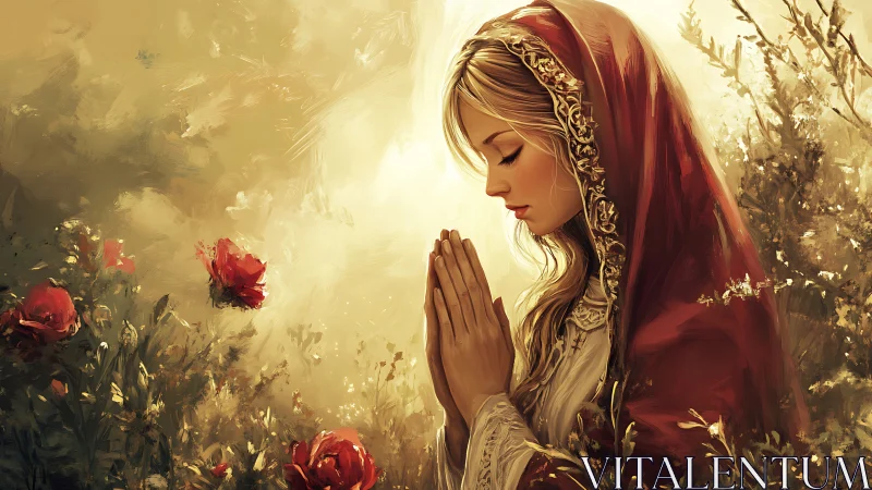 Devotional portrait of veiled woman in golden meadow.