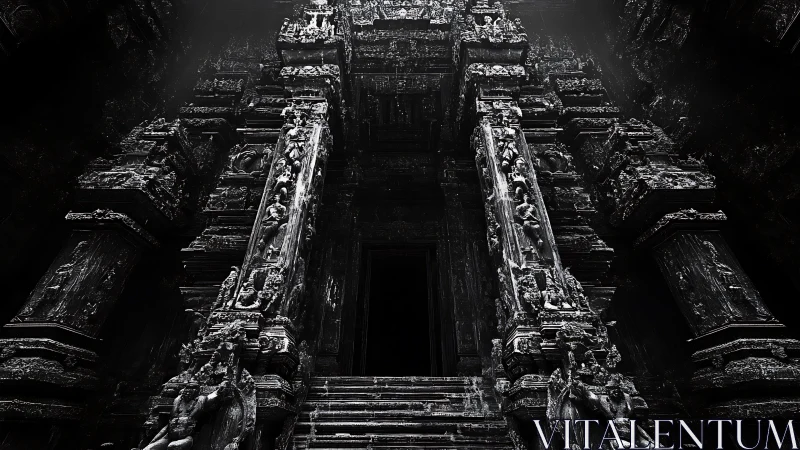 Monochrome stone temple portal with intricate sculptural reliefs