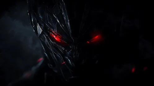 Midnight cyber sentinel with burning red machine eyes.