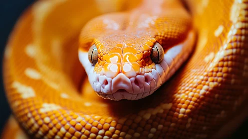 Macro close-up of coiled orange python with sharply resolved scales